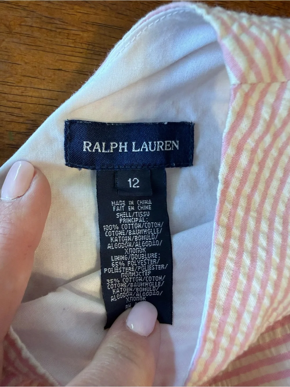 Ralph Lauren Girls Pink White Striped Seersucker Dress Bow size 12